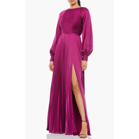 Mac Duggal IEENA Pleated Long Sleeve Satin Gown, Purple, NWT, Size 8 - Picture 4 of 13